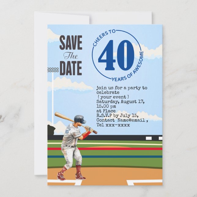 Baseball save the date 40th Birthday Party  Invitation (Front)