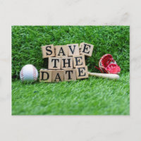 Baseball Save the date with ball and bat on green