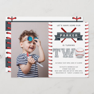 Baseball Second Birthday Boy Photo Invitation