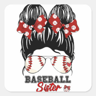 Baseball Sister, Proud Sister, Messy Bun Baseball  Square Sticker