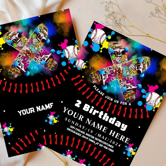 Baseball skateboard graffiti colourful party Black Invitation (Creator Uploaded)