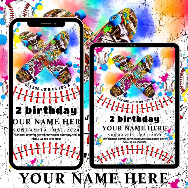 Baseball skateboard graffiti colourful party invitation (Creator Uploaded)