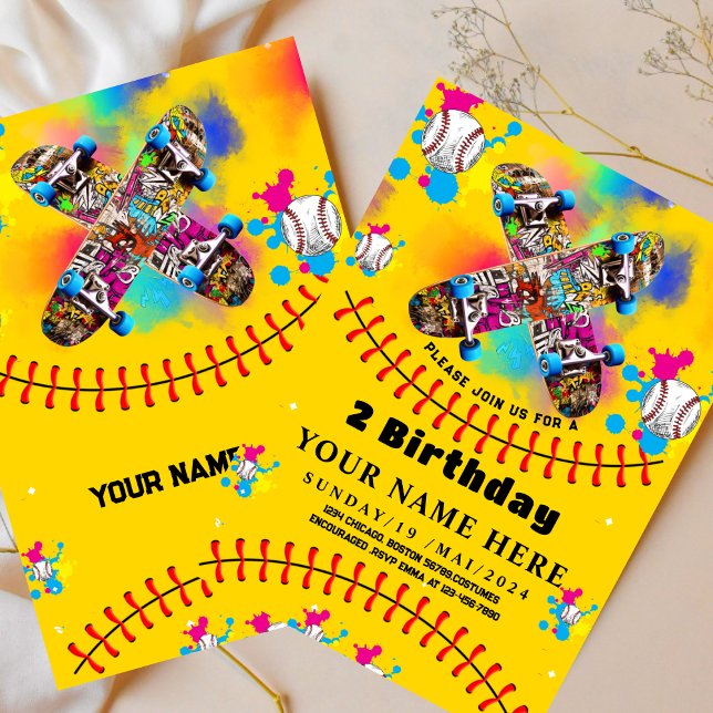Baseball skateboard graffiti colourful party yello invitation (Creator Uploaded)