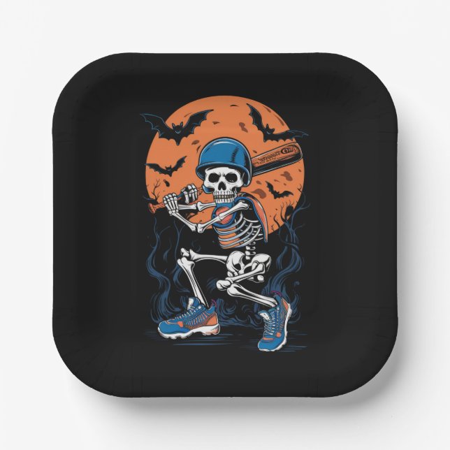 Baseball Skeleton Halloween Baseball Halloween Paper Plate (Front)
