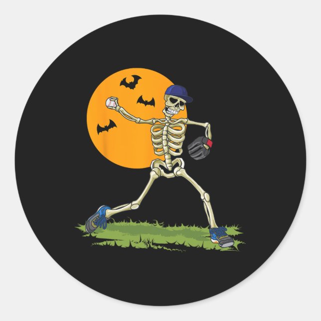 Baseball Skeleton Halloween Men Boys Baseball Hall Classic Round Sticker (Front)