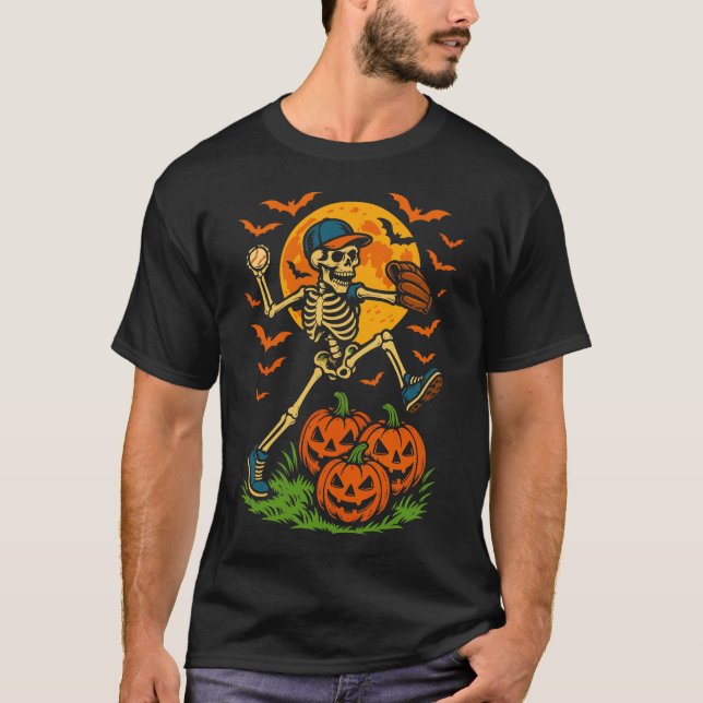 Baseball Skeleton Halloween Men Boys Baseball  T-Shirt (Front)