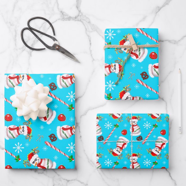 Baseball Snowman Christmas Celebration Pattern Wrapping Paper Sheet (Front)