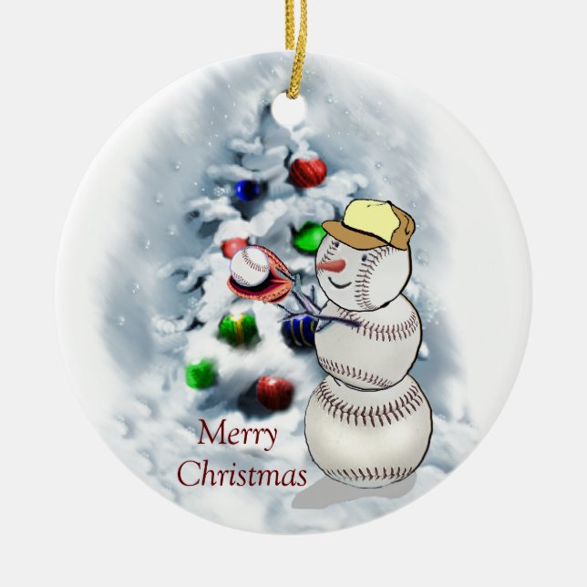 Baseball Snowman Christmas Ceramic Tree Decoration (Front)