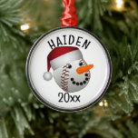 Baseball Snowman Christmas Metal Tree Decoration<br><div class="desc">* Cute baseball snowman wearing a Santa hat. * Ornaments have several style and shape options available. * Ceramic ornaments are double sided (customise front and back). * Choose font style, colour and size of text to add text. * Add background colour to colour of your choice. * Use the...</div>
