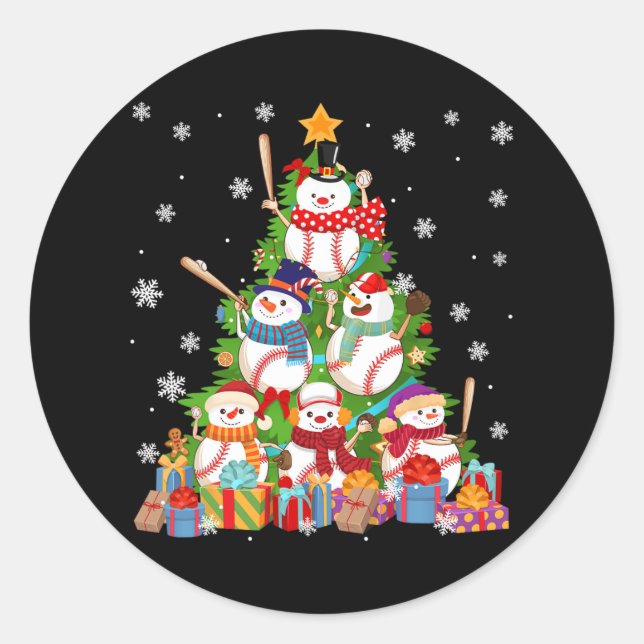 baseball snowman christmas tree pitchers catchers  classic round sticker (Front)