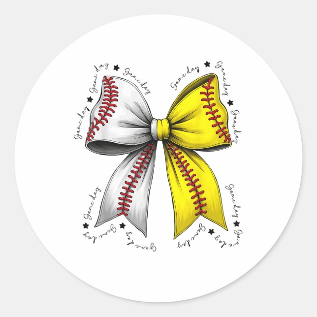 Baseball Softball Bow, Coquette Baseball Mum Mama  Classic Round Sticker (Front)