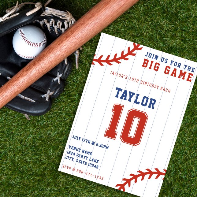 Baseball Softball Pinstripe 10th Birthday Party Invitation (Baseball Softball Pinstripe 10th Birthday Party Invitation)