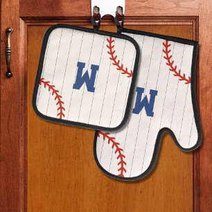 Baseball Softball Sport Pinstripe Monogram Oven Mitt & Pot Holder Set