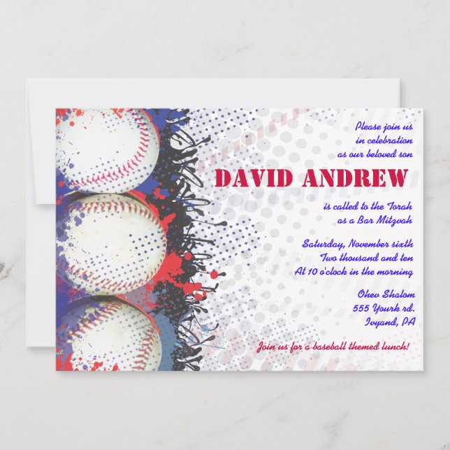 BASEBALL Splatter Bar Bat Mitzvah Invitation (Front)