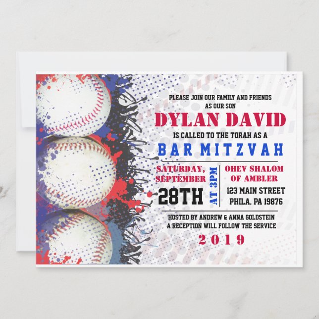 BASEBALL Splatter Bar Bat Mitzvah Invitation (Front)