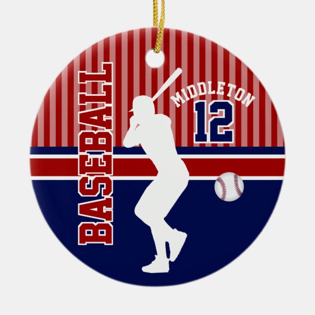 Baseball Sport - Dark Red, Blue and White Ceramic Tree Decoration (Front)
