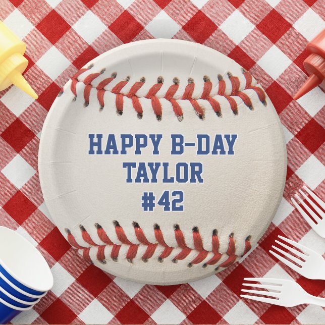 Baseball Sport Player Name Team Number Birthday Paper Plate (softball / baseball sport happy birthday paper plates)
