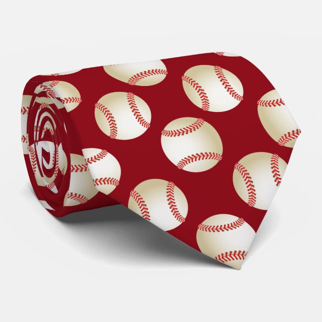 Baseball Sport Theme Pattern Coach Red Tie (Rolled)