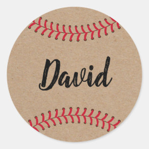 Baseball Sport Theme with Name Rustic Kraft Classic Round Sticker