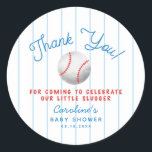 Baseball Sports Baby Shower Thank You Favour Classic Round Sticker<br><div class="desc">Cute sports theme baby shower favour sticker featuring illustrations of a baseball and bat with a typography text that says "Thank You! a little slugger is on the way."</div>