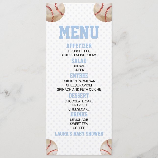 Baseball Sports Blue Baby Shower Food Menu (Front)