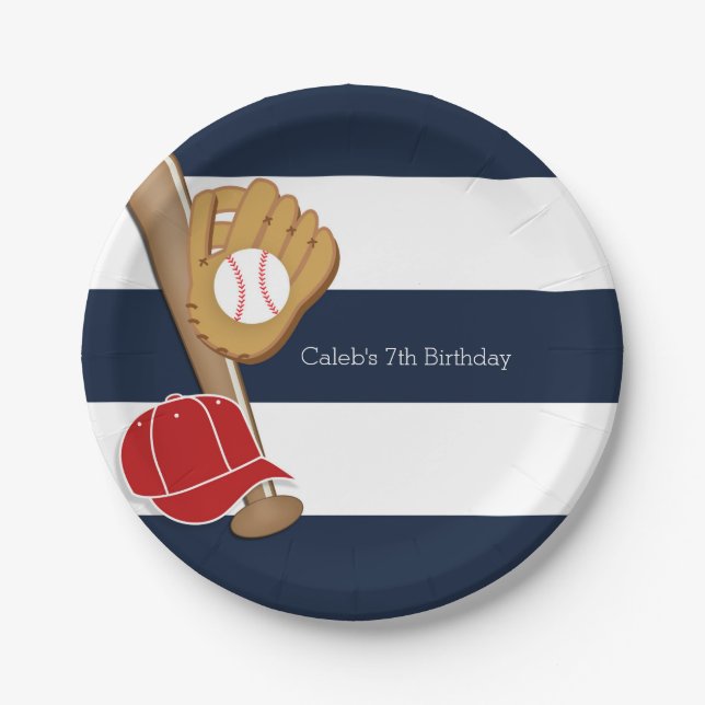 Baseball Sports Blue & White Striped Custom Party Paper Plate (Front)