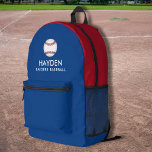 Baseball Sports Team Personalised Colours Name  Printed Backpack<br><div class="desc">Super fun,  sporty backpack featuring a baseballl and two lines of custom text. Easily change the colours to match your team colours. Roomy enough for books,  computer,  sports gear and more - or use as a travel or sleepover bag too. Your baseball fan/player will truly love this custom backpack.</div>