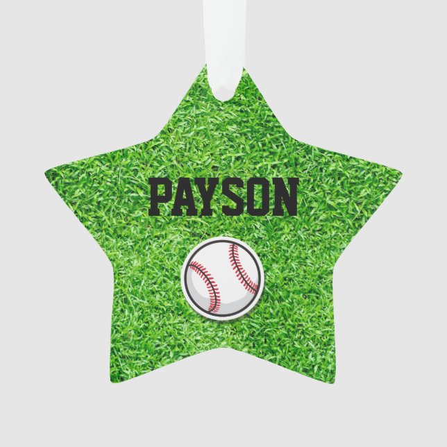 Baseball Star Sports Player NAME Ball Green Grass  Ornament (Front)