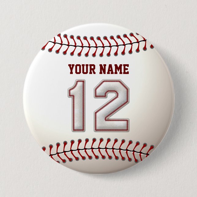 Baseball Stitches Player Number 12 and Custom Name 7.5 Cm Round Badge (Front)