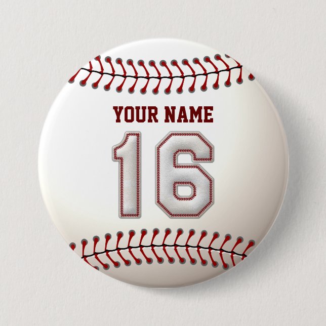 Baseball Stitches Player Number 16 and Custom Name 7.5 Cm Round Badge (Front)