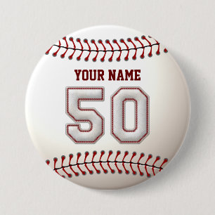 Baseball Stitches Player Number 50 and Custom Name 7.5 Cm Round Badge