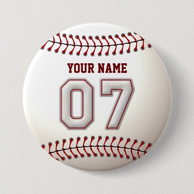 Baseball Stitches Player Number 7 and Custom Name 7.5 Cm Round Badge (Front)