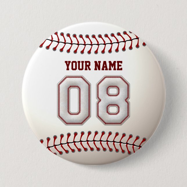 Baseball Stitches Player Number 8 and Custom Name 7.5 Cm Round Badge (Front)