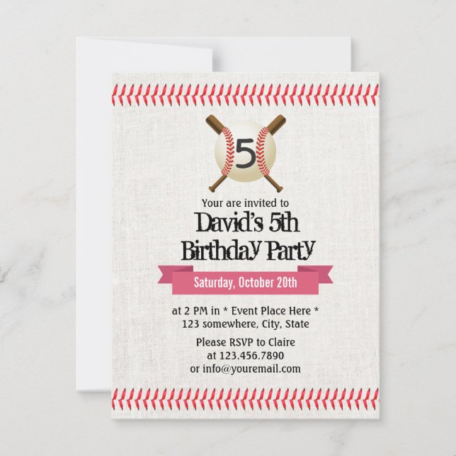 Baseball Stitching Sport Themed 5th Birthday Party Invitation (Front)