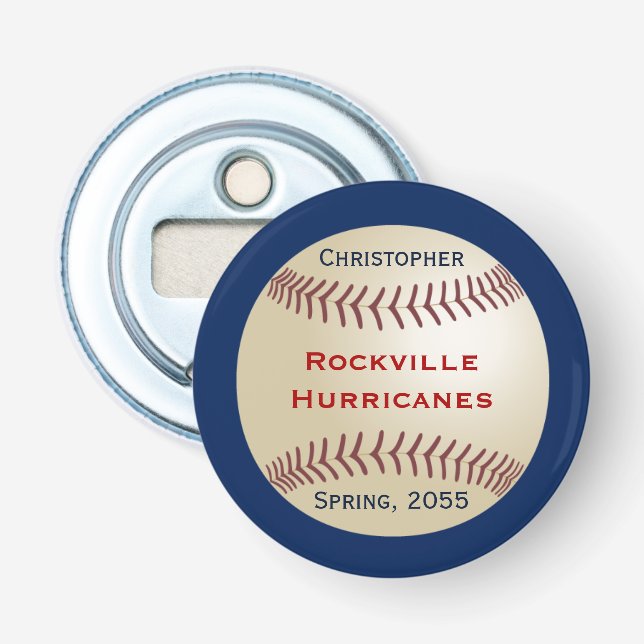 Baseball Team, Bar Accessory Personalised Button Bottle Opener (Front)