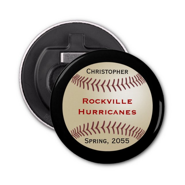 Baseball Team, Blue, Name, magnetic button Bottle Opener (Front)