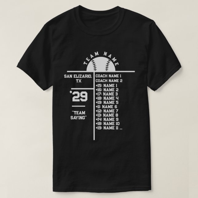 Baseball Team Roster Custom Player Names & Coach T-Shirt (Design Front)