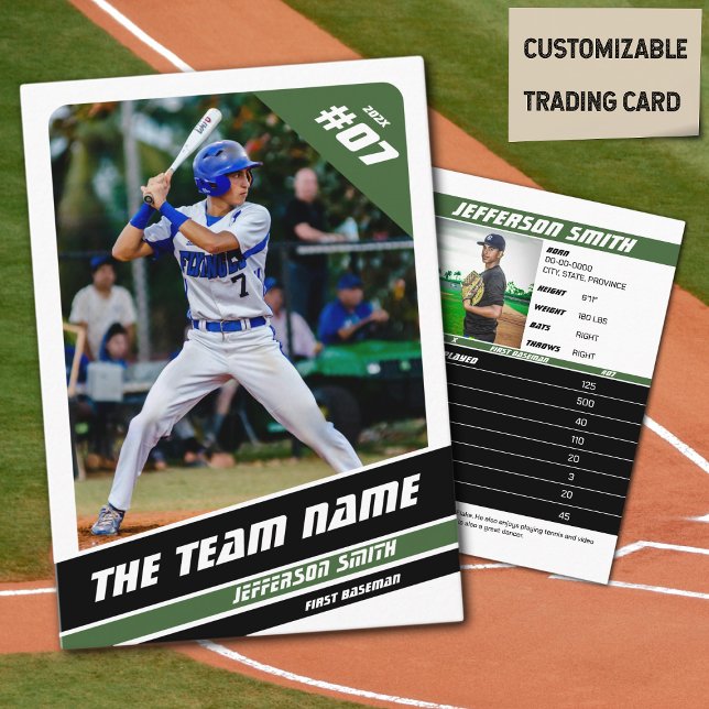 Baseball Team Trading Card Gift Green White (Baseball Player Trading Card in White with Custom Team Name and Green and Black Elements)