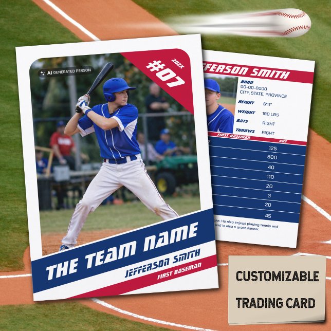 Baseball Team Trading Card Red Blue (Baseball Player Trading Card in White with Custom Team Name and Red White Blue Elements)