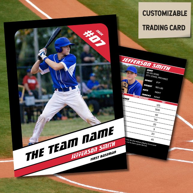 Baseball Team Trading Card Sport Gift Red (Baseball Player Trading Card in Black with Custom Team Name and White Red Elements)