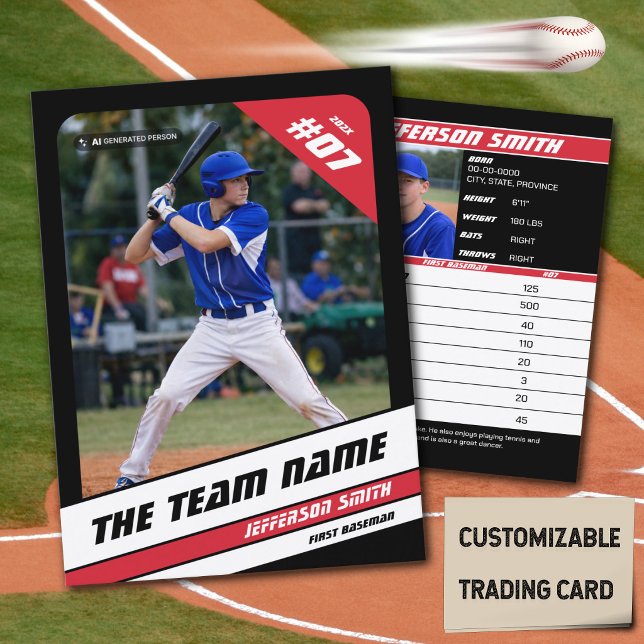 Baseball Team Trading Card Sport Gift Red (Baseball Player Trading Card in Black with Custom Team Name and White Red Elements)
