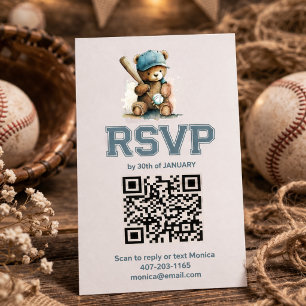 Baseball Teddy Bear Baby Shower QR Code RSVP  Enclosure Card