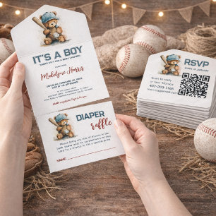 Baseball Teddy Bear Bory Baby Shower  All In One Invitation