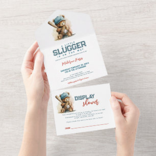 Baseball Teddy Bear Boy QR Display  Baby Shower All In One Invitation