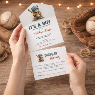 Baseball Teddy Bear Boy QR Display Baby Shower All In One Invitation
