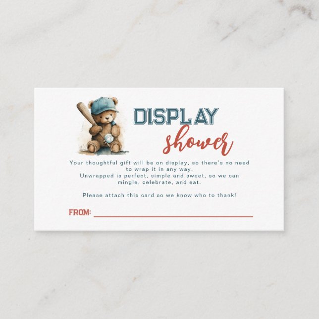 Baseball Teddy Bear Boy Unwaped Gift Baby Shower  Enclosure Card (Front)