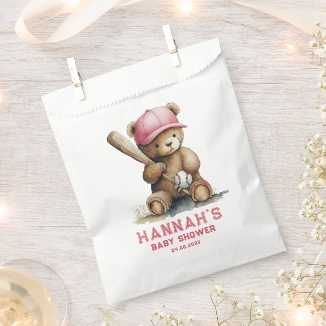 Baseball Teddy Bear Personalized Girl Baby Shower Favour Bags (Clipped)