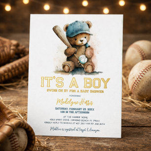 Baseball  Teddy Bear Watercolor Boy Baby Shower 