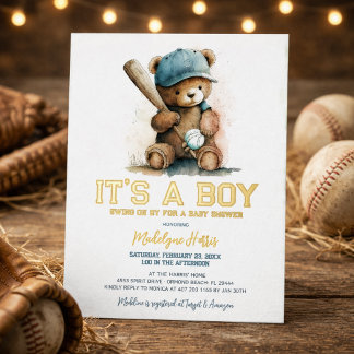 Baseball Teddy Bear Watercolor Boy Baby Shower