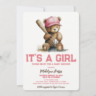 Baseball  Teddy Bear Watercolor Girl Baby Shower  Invitation
